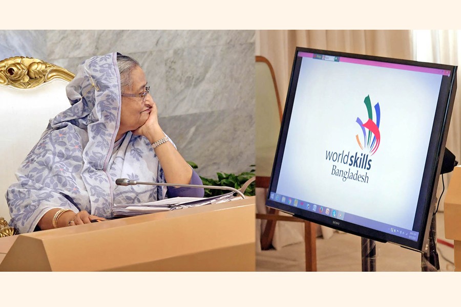 Prime Minister Sheikh Hasina unveiling logo of World Skills Bangladesh at the Secretariat in the city on Monday	— Focus Bangla