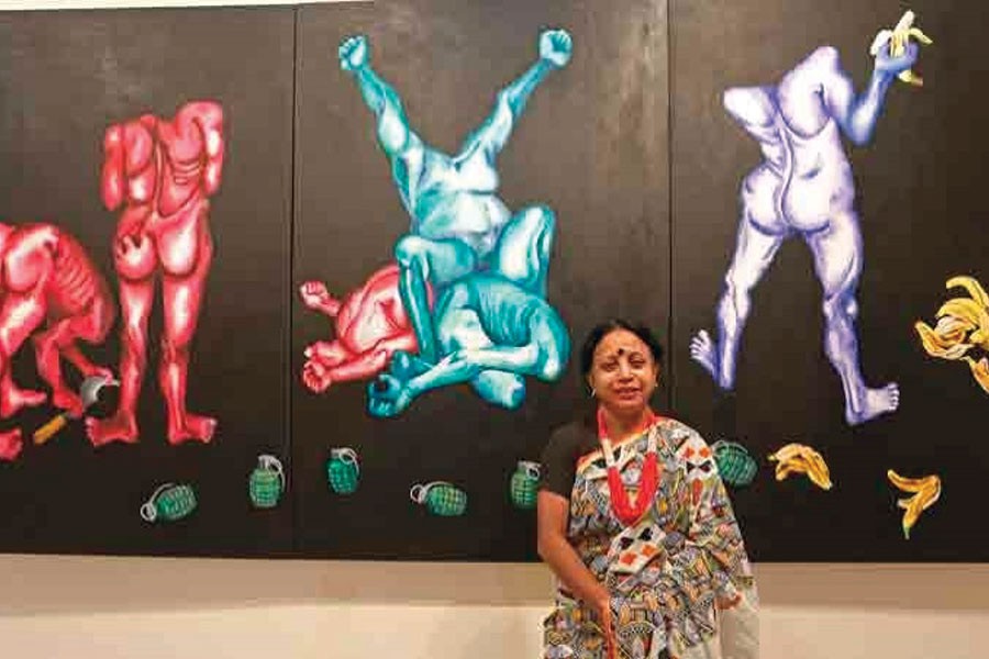 Atia Islam poses in front of her award-winning artwork None Shall Blow the Siren before Destruction.	 —Photo:  courtesy New Age via the Internet