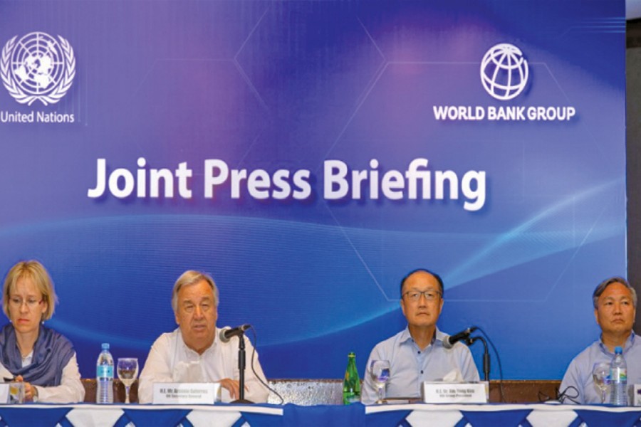 UN Secretary-General António Guterres (second from left) addressing a joint press conference with World Bank President Jim Yong Kim (third from left) on the Rohingya refugee crisis in Dhaka on July 02, 2018. They had earlier visited Rohingya refugee camps in Cox's Bazar