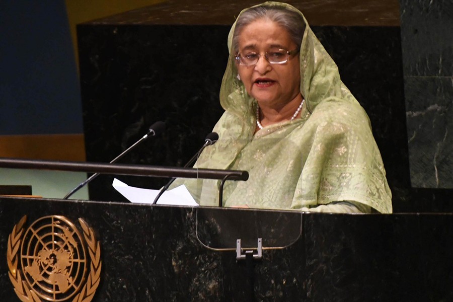 Prime Minister Sheikh Hasina addressing the 73rd session of the United Nations General Assembly at UN headquarters in New York on Thursday — Focus Bangla photo