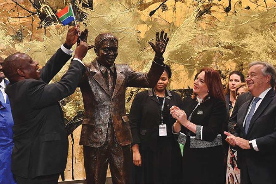South Africa President Cyril Ramaphosa, left, United Nations General Assembly President Maria Fernanda Espinosa, centre, and United Nations Secretary General Antonio Guterres, left, attend the unveiling ceremony of the Nelson Mandela Statue which was presented as a gift from the Republic of South Africa on September  24, 2018, at United Nations headquarters in New York.   —Photo: AP