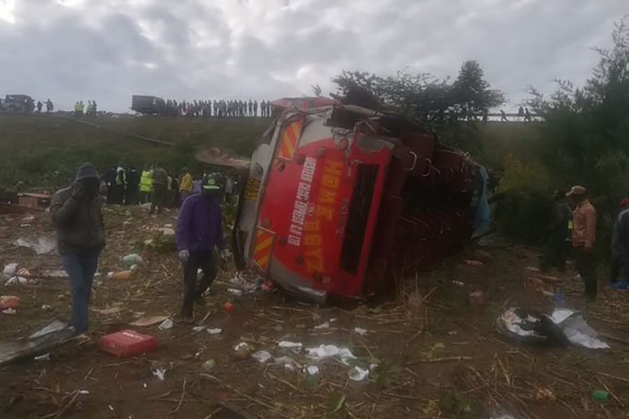The bus was carrying 52 passengers at the time of the crash in the early hours of Wednesday morning. Photo courtesy: Daily Nation