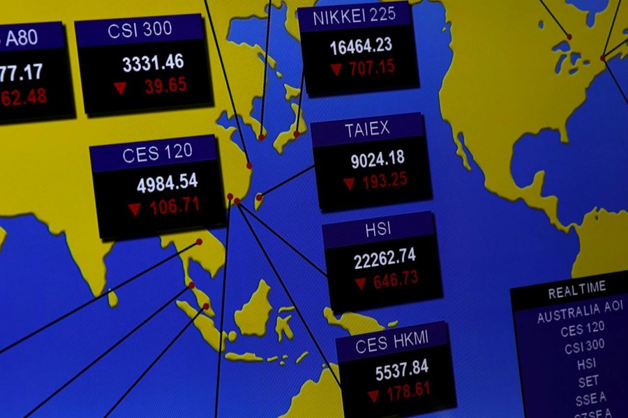 A panel displaying stock indices of Asian markets at Hong Kong Exchanges in Hong Kong, China, November 9, 2016. Reuters/Files