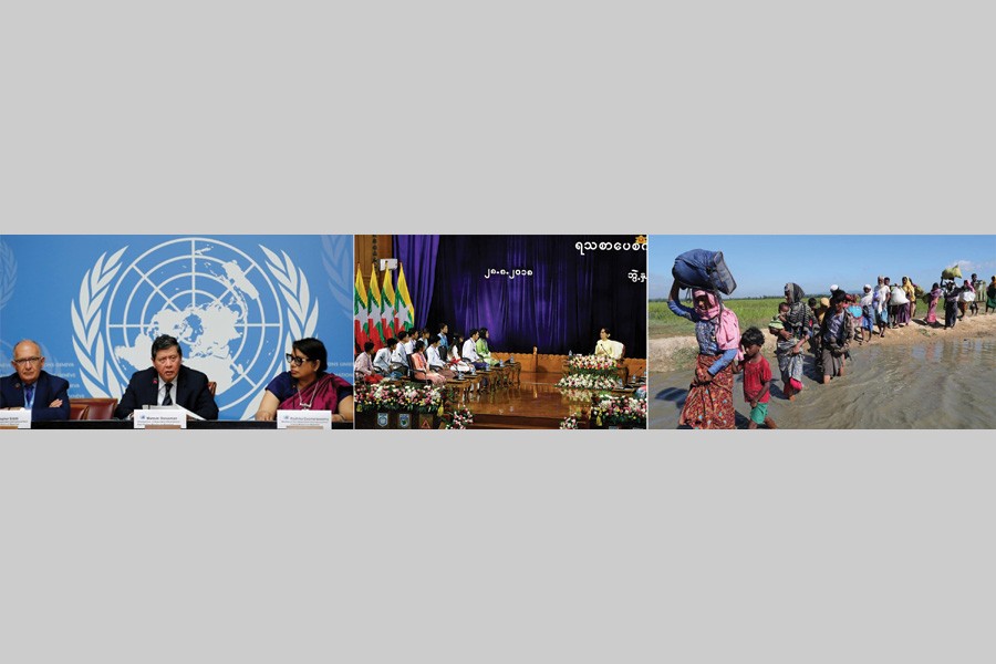 (From left) Christopher Sidoti, Marzuki Darusman, and Radhika Coomaraswamy, members of the Independent International Fact-Finding Mission on Myanmar, speak at a news conference at the United Nations in Geneva, Switzerland, on August 27, 2018 (Reuters photo);  on August 28, Aung San Suu Kyi  discusses literary fiction with students at the Yangon University Convocation Hall on August 28, the day UN report was published   (Asia News Network photo;  Rohingya refugees walk towards a refugee camp after crossing the border in Anjuman Para near Cox's Bazar, on November 19, 2017 (Reuters photo).