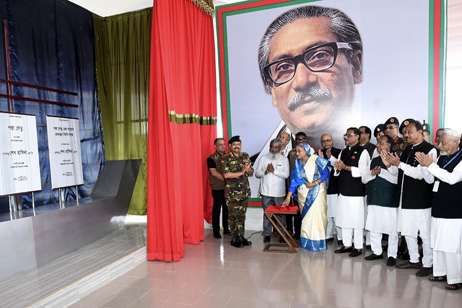 Prime Minister Sheikh Hasina inaugurates the construction work on the rail link between Dhaka and Jashore under the Padmba Bridge project — Focus Bangla photo