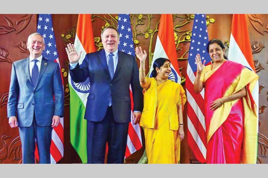 Indian foreign minister Sushma Swaraj (second from right)  and defence minister Nirmala Sitharaman (right) and US secretary of state Mike Pompeo (second  from left) and US secretary of defence James Mattis  (left) pose for a group photo before India-US 2+2 Dialogue, in New Delhi,  on September 06, 2018. 	—Photo: PTI
