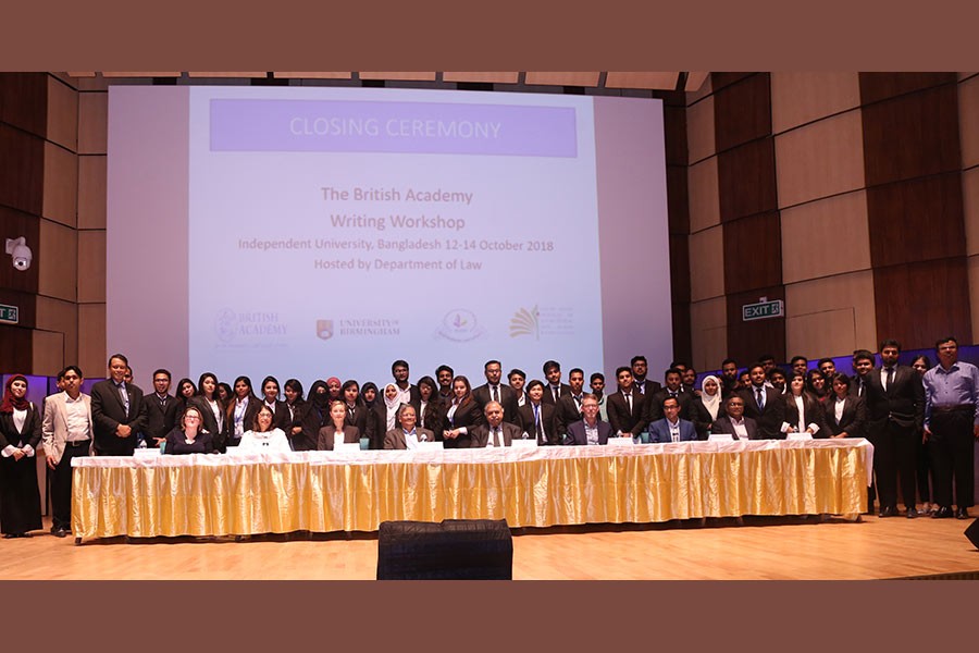 Participants of the British Academy Writing Workshop held at Independent University, Bangladesh (IUB) are seen in the picture.