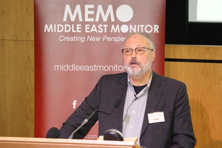 Saudi dissident Jamal Khashoggi speaks at an event hosted by Middle East Monitor in London Britain, September 29, 2018. Middle East Monitor/Handout via Reuters/File Photo