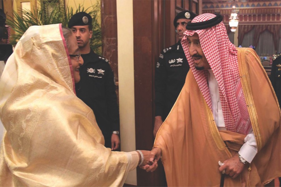 Prime Minister Sheikh Hasina on October 17, 2018 had an audience with Saudi King and Custodian of Two Holy Mosques Salman bin Abdulaziz Al Saud at Royal Palace in Arga of Riyadh. 	— Photo: PID