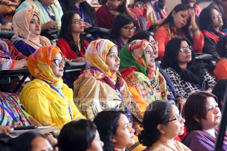 A view of the participants of the third national conference of Bangladesh Nari Sangbadik Kendra held at the Press Institute of Bangladesh auditorium in the capital on Sunday — Collected