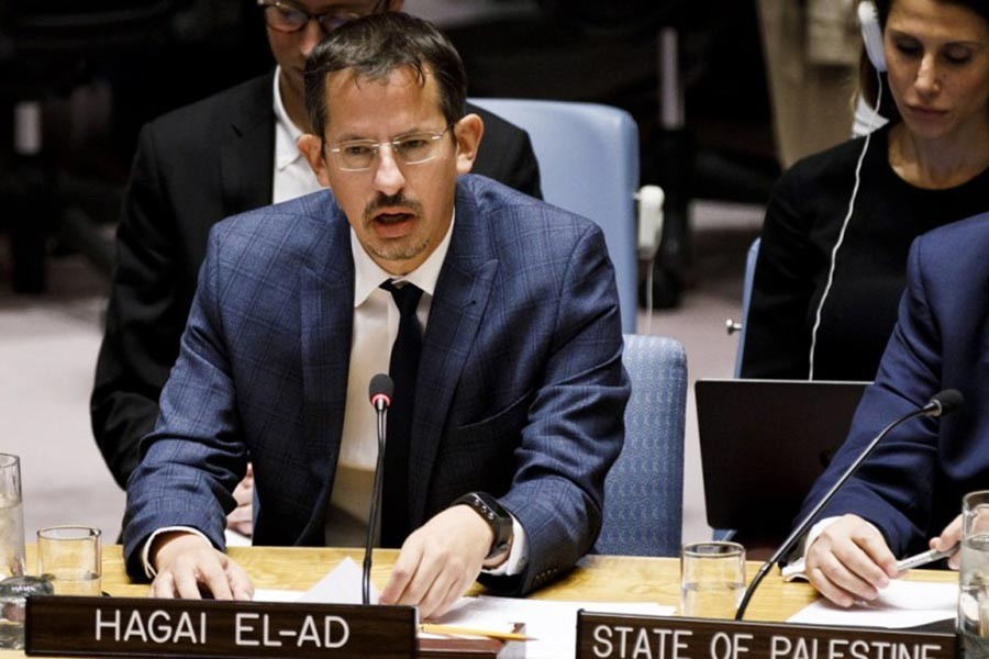 A still from a video shows Hagai El-Ad's speech at the UN Security Council in New York, October 18, 2018.