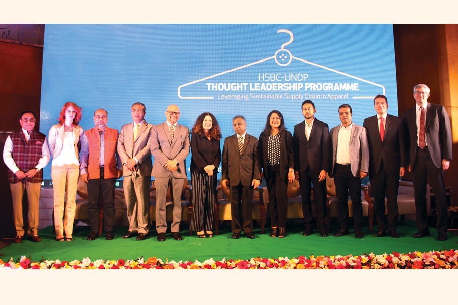 Principal Coordinator (SDG Affairs) at the Prime Minister's Office Md. Abul Kalam Azad, HSBC Country Chief Francois de Maricourt, Country Director of UNDP Bangladesh Sudipto Mukerjee and Ambassador/Head of Delegation, Delegation of the European Union to Bangladesh Rensje Teerink seen, among others, at a seminar on "Leveraging Sustainable Supply Chain in Apparel" organised jointly by UNDP and HSBC at a hotel in Dhaka on Wednesday, as a part of UNDP's Business Call to Action (BCtA) initiative which aims to accelerate progress towards the Sustainable Development Goals (SDGs)