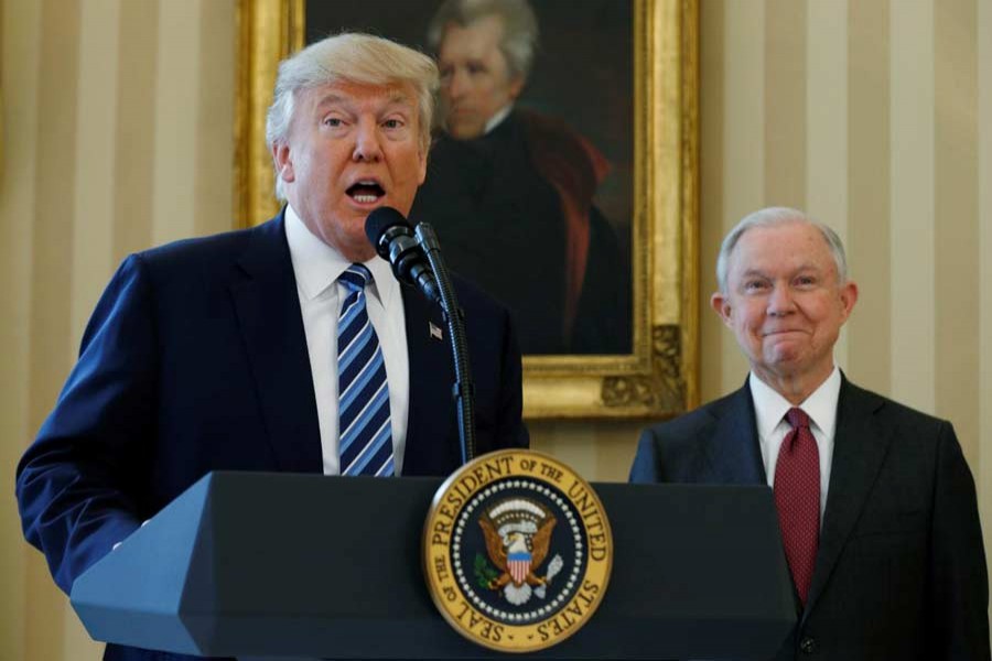 US President Donald Trump speaks during a swearing-in ceremony for new Attorney General Jeff Sessions (R) at the White House in Washington, US, February 9, 2017. Reuters/File Photo