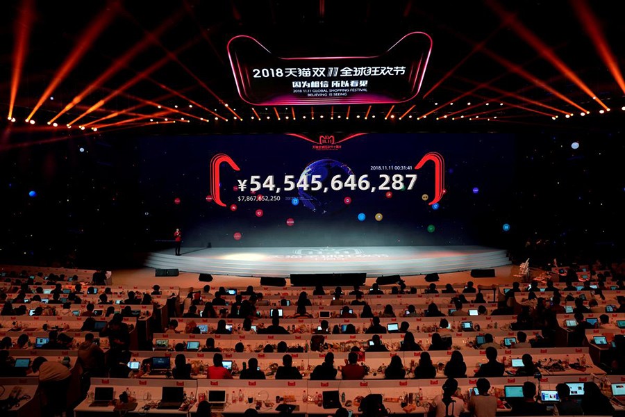 A screen shows the value of goods being transacted at Alibaba Group's 11.11 Singles' Day global shopping festival in Shanghai, China on November 11, 2018 — Reuters photo