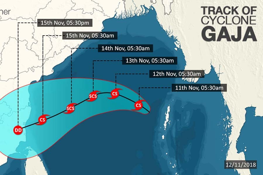 Track of cyclone 'Gaja' recorded over the Bay. Photo: Skymet Weather