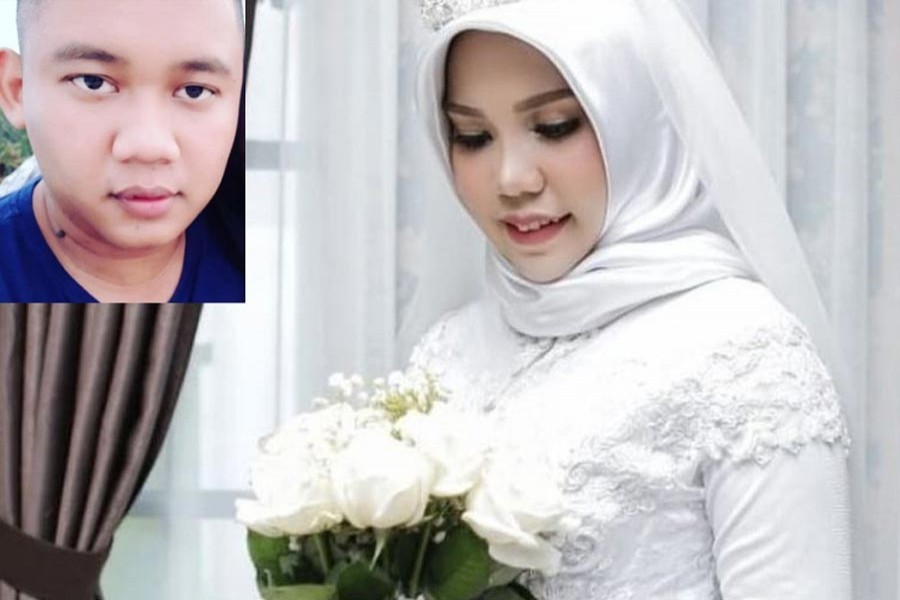 Intan Syari in her wedding picture as her fiancee Rio Nanda Pratama (inset) died in plane crash  	— BBC