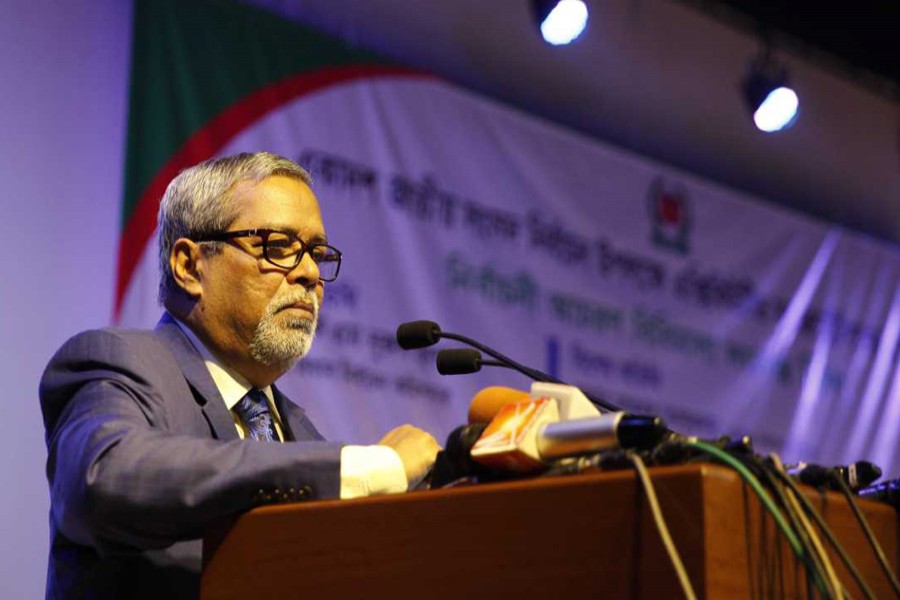 Chief Election Commissioner (CEC) KM Nurul Huda speaks at the auditorium of Nirbachan Bhaban in Dhaka’s Agargaon on Monday