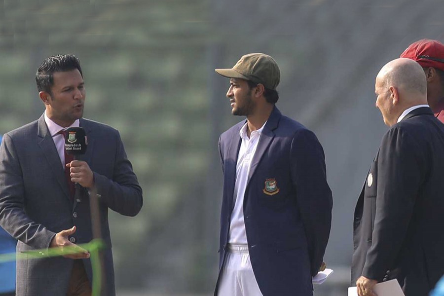 Bangladesh captain Shakib Al Hasan talks to media after winning the toss of the second and final Test against West Indies at Sher-e-Bangla National Cricket Stadium in Mirpur on Friday — UNB photo