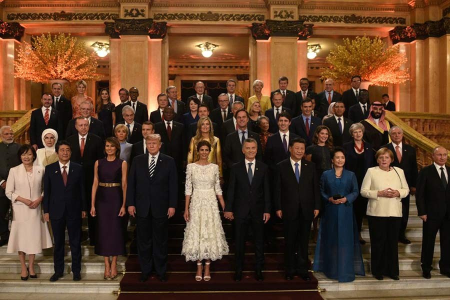 G20 leaders and their partners posing for a photo at the Colon Theatre during a gala at the G20 leaders summit in Buenos Aires of Argentina on Friday. -Reuters Photo