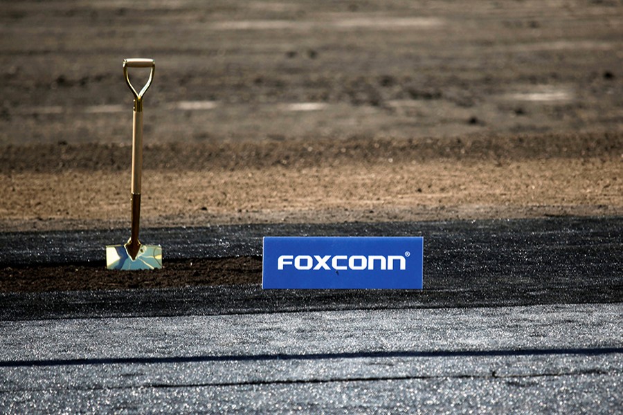 A shovel and FoxConn logo seen in this undated Reuters photo