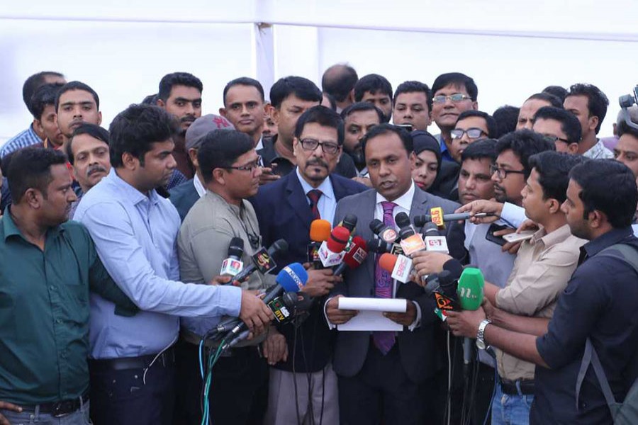 The lawyers of BNP chairperson Khaleda Zia talk to the reporters after filing appeals with the Election Commission against rejection of nomination papers of three constituencies on Wednesday, December 5, 2018. Photo: UNB