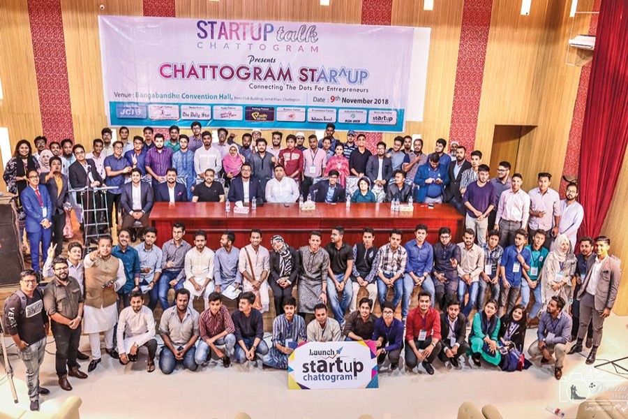 Speakers and entrepreneurs in one frame at the launching ceremony of Startup Talk Chattogram