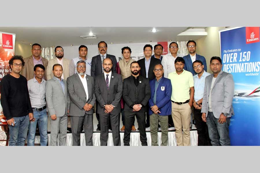 Emirates new area manager Saeed Abdulla Miran seen with his colleagues at a press briefing held in a Sylhet city hotel on Wednesday.