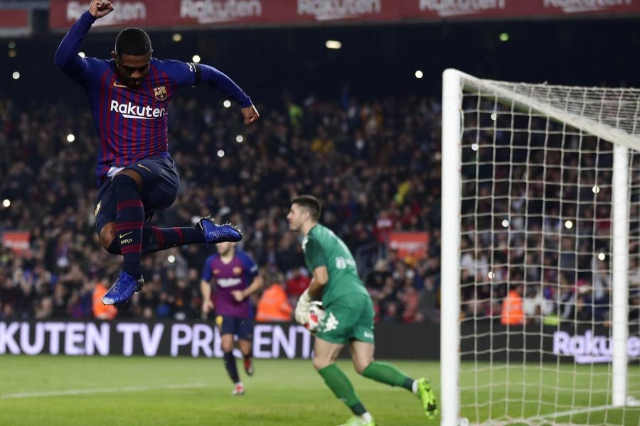 Malcom celebrating after scoring a goal during a Copa del Rey football match between FC Barcelona and Cultural Leonesa at the Camp Nou stadium at Barcelona in Spain on Wednesday	— AP