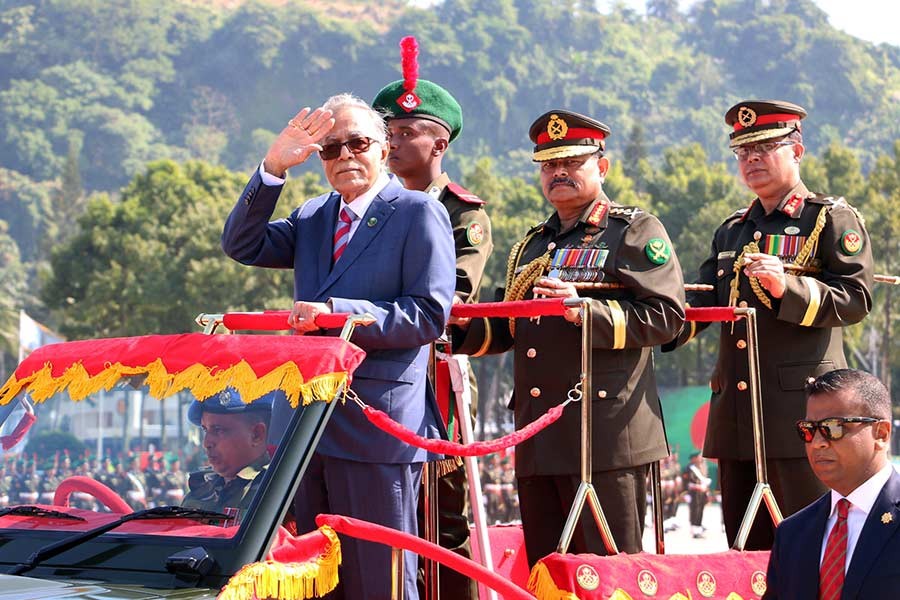 President Abdul Hamid is taking salute as the chief guest at the President Parade 2018 of 76th BMA Long Course at Bangladesh Military Academy in Bhatiari of Chattogram on Saturday. Photo: ISPR