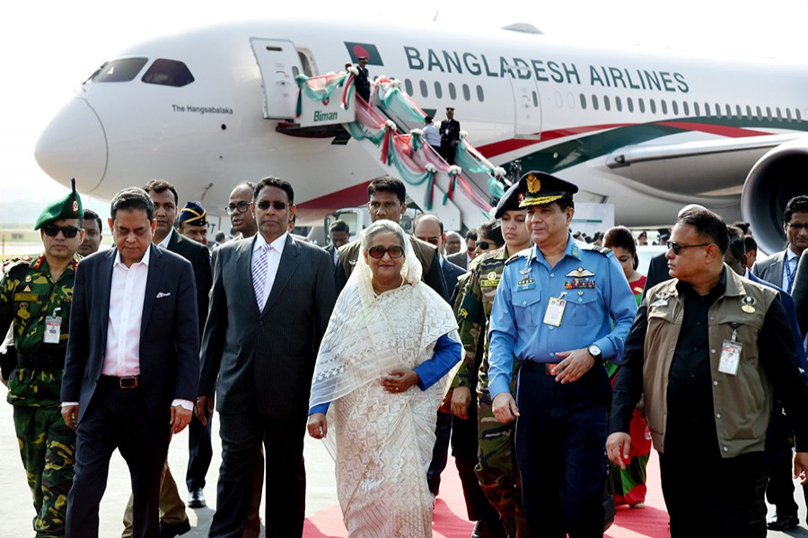 Earlier on Wednesday, Prime Minister Sheikh Hasina inspected Hangsabalaka, the second Boeing 787-8 Dreamliner of Biman Bangladesh Airlines, at Hazrat Shahjalal International Airport (HSIA) in the city — BSS photo