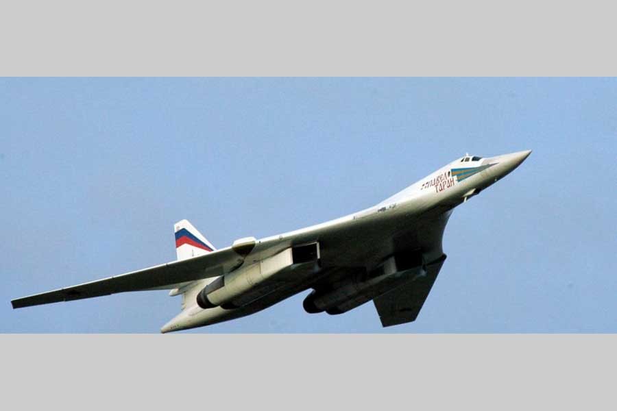 In this file photo, a supersonic Tu-160 strategic bomber with Russian President Vladimir Putin aboard flies above an airfield near the northern city of Murmansk. – AP