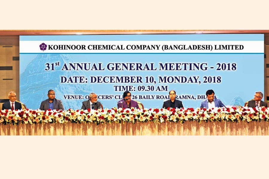 Mohammad Obaidul Karim, Chairman of Kohinoor Chemical Company (BD) Limited, presiding over the 31st annual general meeting (AGM) of the company in the city on Monday while Md. Rezaul Karim, Managing Director of the company was present. The AGM approved 20 per cent stock and 10 per cent cash dividend for the year ended on June 30, 2018