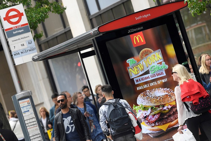 An electronic advertisement for a McDonalds food is seen at a bus stop on Oxford Street in London, Britain on May 11, 2018 — Reuters/File