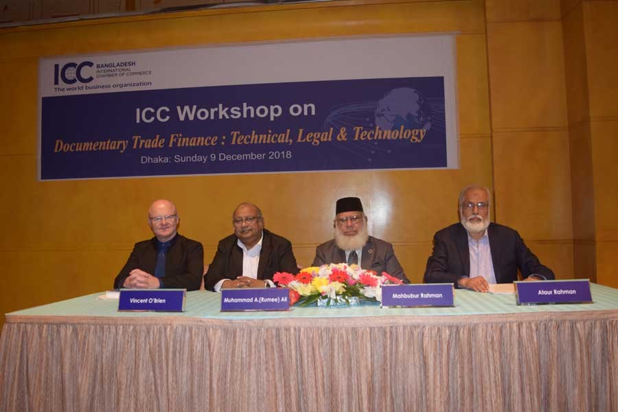 ICCB President Mahbubur Rahman and other speakers seen at a workshop titled ‘Documentary Trade Finance: Technical, Legal & Technology’ held in the capital recently.