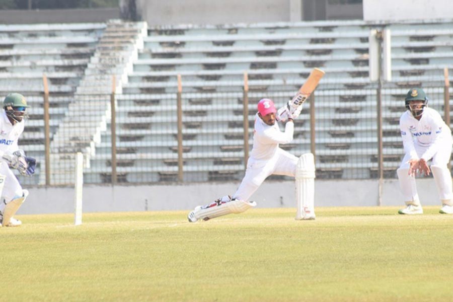 Prime Bank South Zone opener Anamul Haque playing a shot against Walton Central Zone during the 2nd day of the four-day 4th round match of BCL at the Zahur Ahmed Chowdhury Stadium in Chattogram on Wednesday	— bdnews24.com