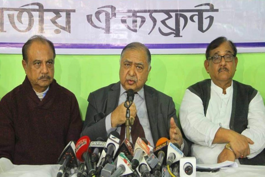 Oikyafront chief Dr Kamal Hossain speaking at a press conference at the alliance’s Purana Paltan office in the capital on Sunday - UNB