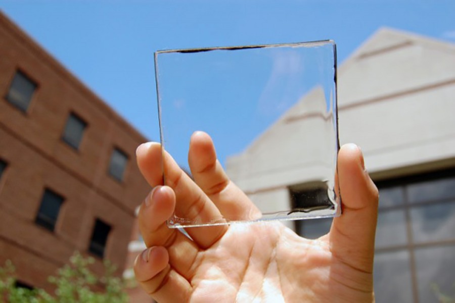 This photo shows a piece of transparent luminescent solar concentrator developed to harness energy from sunlight