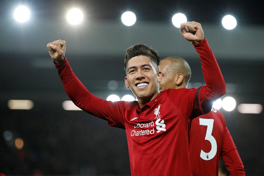 Liverpool's Roberto Firmino celebrates scoring their fifth goal — Reuters photo