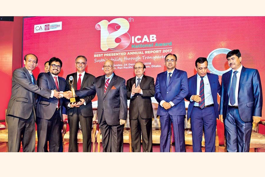 BRAC Bank's Deputy Managing Director and CRO Chowdhury Akhtar Asif receiving the ICAB National Award for Best Presented Annual Reports 2017 from Finance Minister AMA Muhith at the award giving ceremony at a city hotel recently