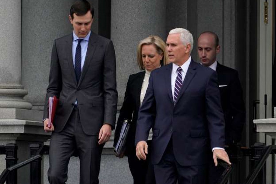 Senior White House Advisor Jared Kushner, US Secretary of Homeland Security Kirstjen Nielsen, US Vice President Mike Pence and Senior White House Advisor Stephen Miller walk to the West Wing before a meeting with Congressional staffers about ending the partial government shutdown at the White House in Washington, US, January 5, 2019. Reuters/Joshua Roberts