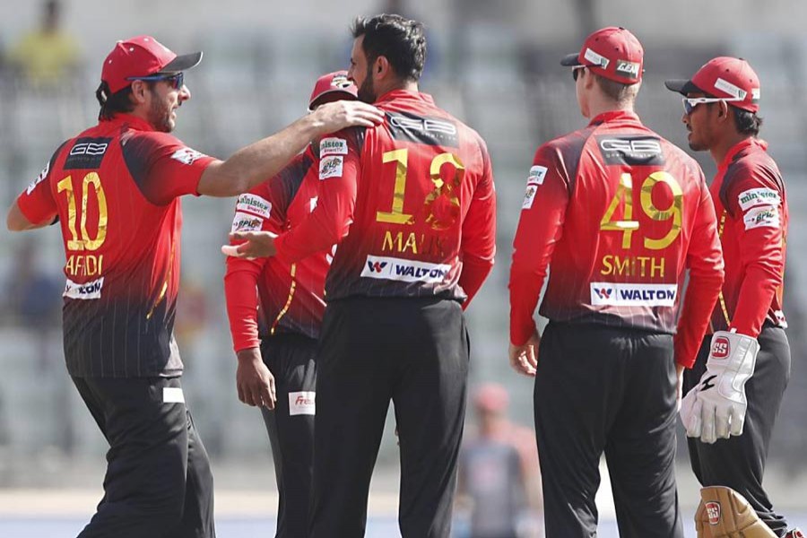 Players of Comilla Victorians celebrating after win over Sylhet Sixers at Sher-e-Bangla National Cricket Stadium in the city on Sunday		— UNB Photo