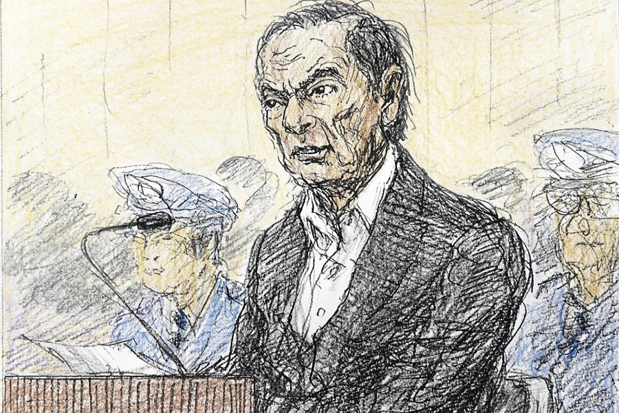 A court sketch, drawn by Nobutoshi Katsuyama, shows ousted Nissan Motor Co Ltd chairman Carlos Ghosn during an open hearing to hear the reason for his continued detention, at Tokyo District Court in Tokyo, Japan, in this image released by Kyodo on Tuesday — via Reuters