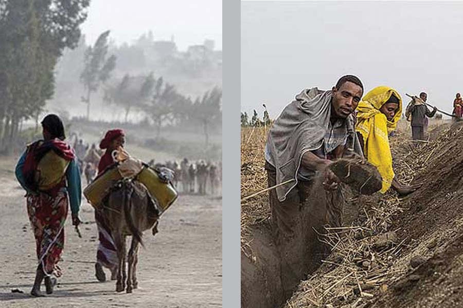In the Siraro District of Ethiopia, extreme weather patterns are increasing. Since 2005, people have endured five droughts (left). In the project "Food security in rural Ethiopia" by Biovision and Caritas Vorarlberg, the village communities of the Siraro district dig erosion control ditches. – Peter Lüthi/Biovision