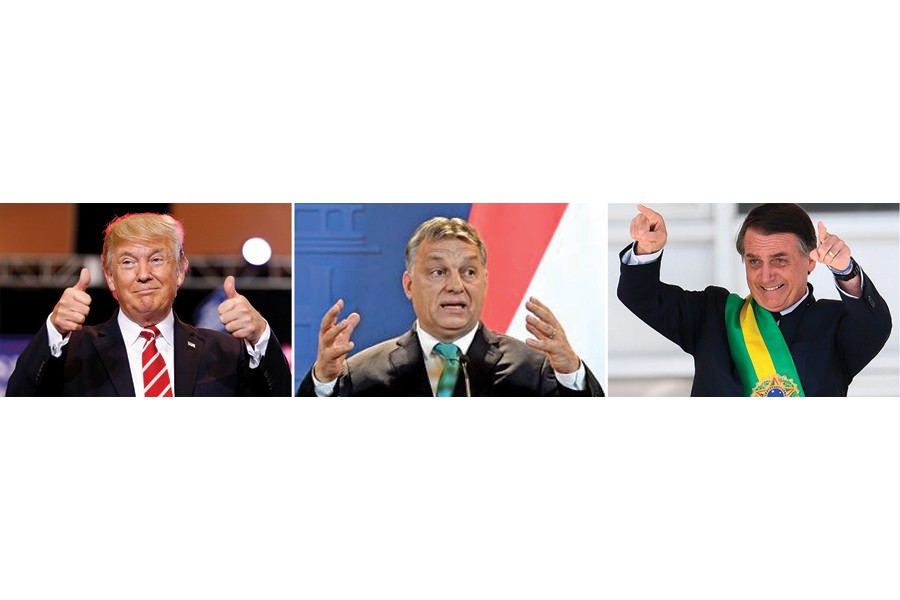 'Politicians like Donald Trump (left) in the United States, Viktor Orbán (centre) in Hungary, and Jair Bolsonaro (right) in Brazil have ridden to power by capitalising on the growing animus against established political elites and exploiting latent nativist sentiment'