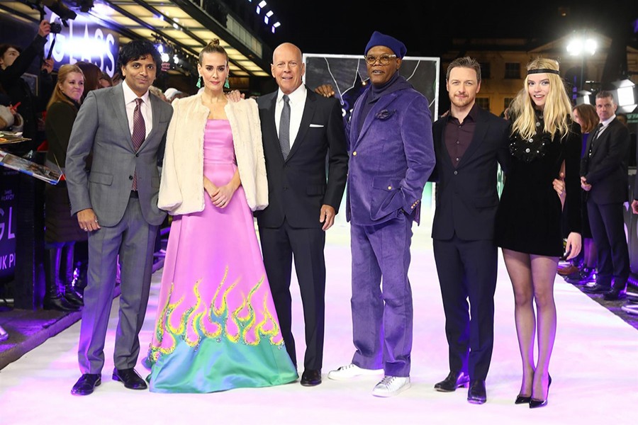 Director Shyamalan with the cast at the European premiere of "Glass" in London. Photo: Collected