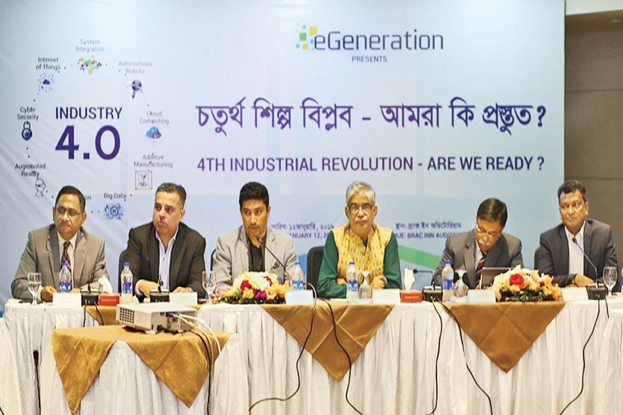 Shameem Ahsan, Chairman of eGeneration Group addressing a roundtable titled "4th Industrial Revolution - Are we ready" at BRAC Inn Auditorium on Saturday. Mustafa Jabbar, Posts, Telecommunications and Information Technology Minister was present as the Chief Guest at the roundtable, arranged by eGeneration. FE Photo