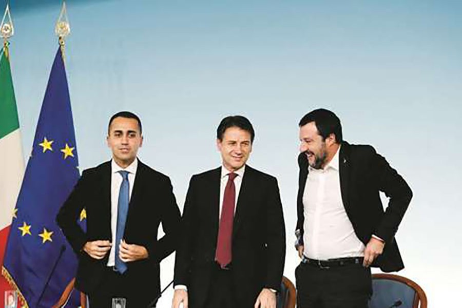 Italy’s Minister of Labour and Industry Luigi Di Maio, Prime Minister Giuseppe Conte and Interior Minister Matteo Salvini leave at the end of a news conference after a cabinet meeting at Chigi Palace in Rome, Italy, on October 20, 2018. Photo: Gulf Times