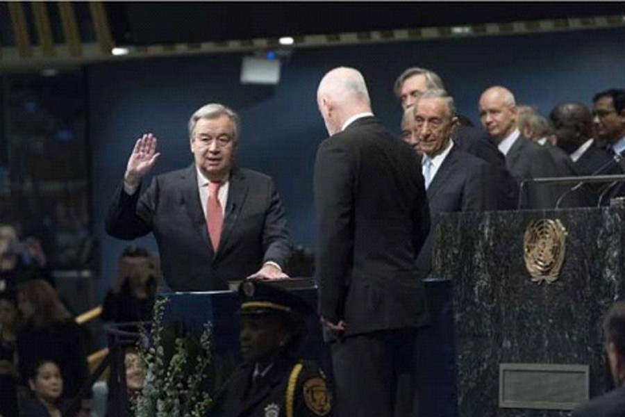 António Guterres takes the oath of office for his five-year term as UN Secretary-General on December 12, 2016.   — UN Photo/Mark Garten      