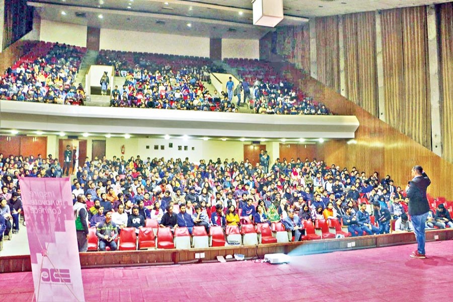 An enthusiastic audience listening to a speaker at the workshop 'Pioneros 3.0' arranged by Entrepreneurship Development Club of BUET