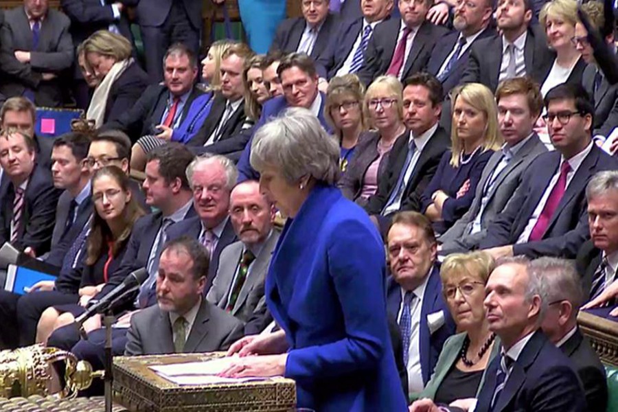 British Prime Minister Theresa May speaks after winning a confidence vote, after Parliament rejected her Brexit deal, in London, Britain, January 16, 2019, in this screen grab taken from video. Reuters TV via Reuters
